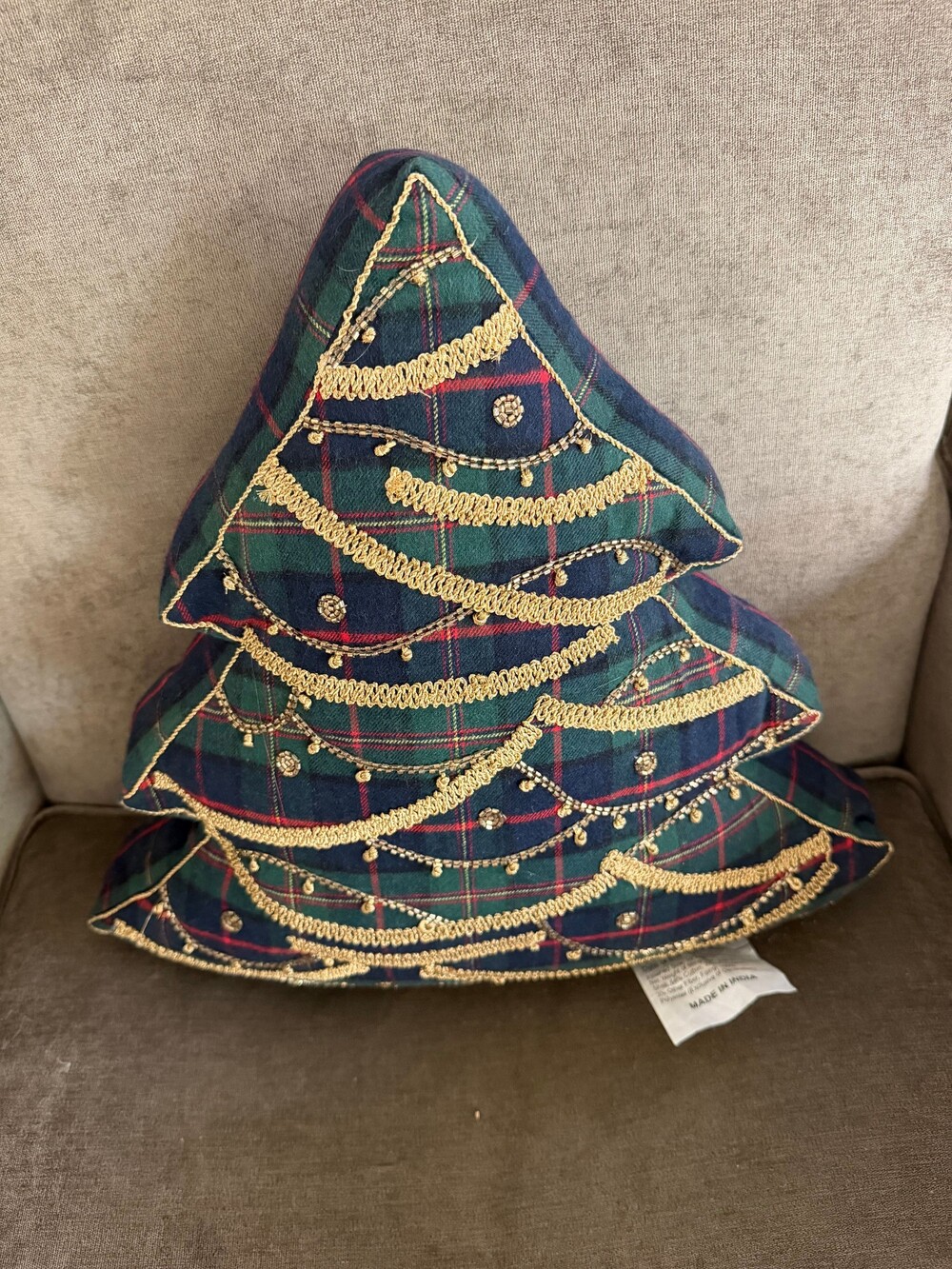 NWOT Martha Stewart Collection Christmas Tree Pillow 16x16 Green Navy Plaid Cott - Picture 2 of 6